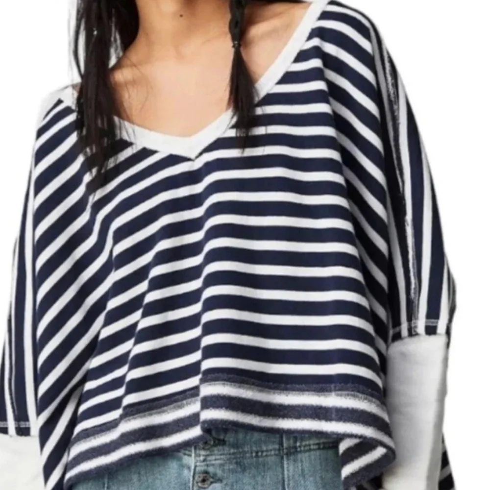 Free People We The Free Main Squueze Navy White Striped Poncho V Neck Pullover S - Picture 2 of 9